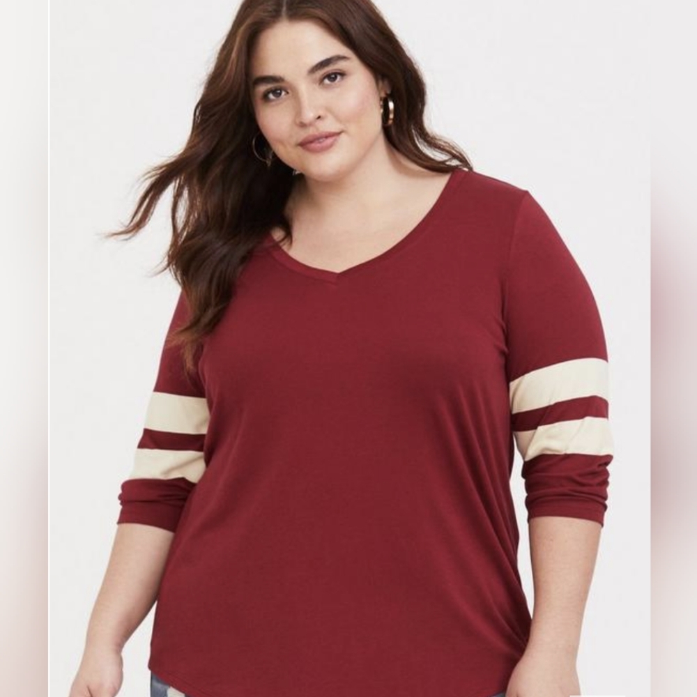 Torrid Heritage Slub V Neck Striped Maroon Football 3/4 Sleeves Tee - Picture 1 of 11